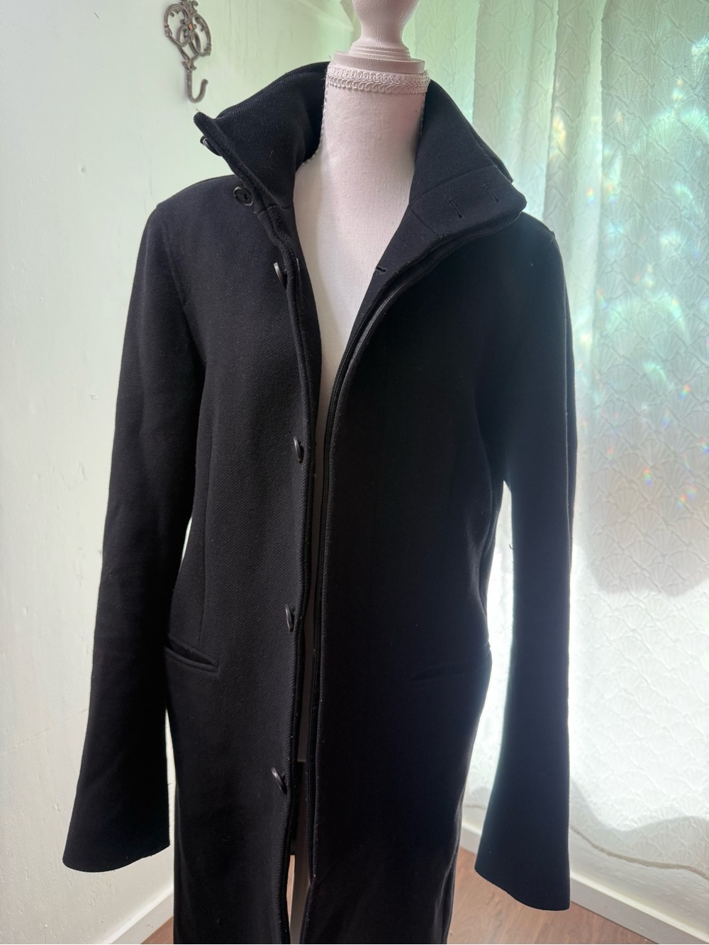 Theory Black Men's Pea Coat with High Collar